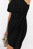 LC6113533-2-S, LC6113533-2-M, LC6113533-2-L, LC6113533-2-XL, Black Asymmetric Bubble Sleeve Twist Knot Wrap Dress