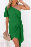 LC6113533-9-S, LC6113533-9-M, LC6113533-9-L, LC6113533-9-XL, Green Asymmetric Bubble Sleeve Twist Knot Wrap Dress