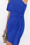 LC6113533-5-S, LC6113533-5-M, LC6113533-5-L, LC6113533-5-XL, Blue Asymmetric Bubble Sleeve Twist Knot Wrap Dress