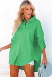 LC2553128-9-S, LC2553128-9-L, LC2553128-9-XL, LC2553128-9-2XL, LC2553128-9-M, Green Solid Color Button Up Tunic Oversized Shirt