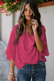 LC253392-6-S, LC253392-6-M, LC253392-6-L, LC253392-6-XL, LC253392-6-2XL, Rose Women's Casual Summer Sleeve Wrap V Neck Draped Blouses Solid Color Tops Shirts