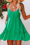LC6113535-9-S, LC6113535-9-M, LC6113535-9-XL, LC6113535-9-L, Green Tie Shoulder Straps Shirred Back Ruffle Dress