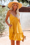 LC6113535-7-S, LC6113535-7-M, LC6113535-7-XL, LC6113535-7-L, Yellow Tie Shoulder Straps Shirred Back Ruffle Dress