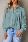 LC2552187-4-S, LC2552187-4-M, LC2552187-4-L, LC2552187-4-XL, LC2552187-4-2XL, Sky Blue Solid Color Button Up Puff Sleeve Blouse