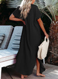 LC2541222-2-S, LC2541222-2-M, LC2541222-2-L, LC2541222-2-XL, LC2541222-2-2XL, Black Crinkled Buttons Maxi Beach Dress with Slits