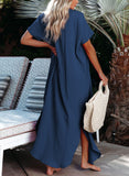 LC2541222-5-S, LC2541222-5-M, LC2541222-5-L, LC2541222-5-XL, LC2541222-5-2XL, Blue Crinkled Buttons Maxi Beach Dress with Slits