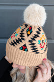 BH041469-18, Apricot Western Geometric Pattern Knit Jacquard Hat