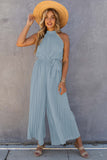 LC6411504-4-S, LC6411504-4-M, LC6411504-4-L, LC6411504-4-XL, LC6411504-4-2XL, Sky Blue Halter Neck Pleated Wide Leg Jumpsuit with Belt