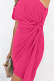 LC6113533-6-S, LC6113533-6-M, LC6113533-6-L, LC6113533-6-XL, Rose Asymmetric Bubble Sleeve Twist Knot Wrap Dress