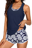LC415772-5-S, LC415772-5-M, LC415772-5-L, LC415772-5-XL, LC415772-5-2XL, Blue 3pcs Athletic Tankini Swimsuit Tank Tops with Sports Bra and Boyshorts