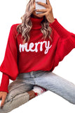 Women's Merry Letter Embroidered High Neck Bishop Sleeve Sweater