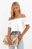 LC25118214-1-S, LC25118214-1-M, LC25118214-1-L, LC25118214-1-XL, LC25118214-1-2XL, White Off Shoulder Textured Ruched Ruffle Blouse