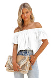 LC25118214-1-S, LC25118214-1-M, LC25118214-1-L, LC25118214-1-XL, LC25118214-1-2XL, White Off Shoulder Textured Ruched Ruffle Blouse