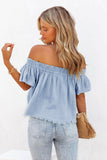 LC25118214-4-S, LC25118214-4-M, LC25118214-4-L, LC25118214-4-XL, LC25118214-4-2XL, Sky Blue Off Shoulder Textured Ruched Ruffle Blouse