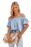 LC25118214-4-S, LC25118214-4-M, LC25118214-4-L, LC25118214-4-XL, LC25118214-4-2XL, Sky Blue Off Shoulder Textured Ruched Ruffle Blouse