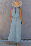 LC6411504-4-S, LC6411504-4-M, LC6411504-4-L, LC6411504-4-XL, LC6411504-4-2XL, Sky Blue Halter Neck Pleated Wide Leg Jumpsuit with Belt