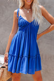 LC6113535-5-S, LC6113535-5-M, LC6113535-5-XL, LC6113535-5-L, Blue Tie Shoulder Straps Shirred Back Ruffle Dress