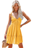 LC6113535-7-S, LC6113535-7-M, LC6113535-7-XL, LC6113535-7-L, Yellow Tie Shoulder Straps Shirred Back Ruffle Dress