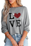 LC25119553-11-S, LC25119553-11-M, LC25119553-11-L, LC25119553-11-XL, Gray LOVE Heart Glitter Graphic Print Long Sleeve Top
