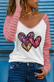 LC25119569-10-S, LC25119569-10-M, LC25119569-10-L, LC25119569-10-XL, LC25119569-10-2XL, Pink Sheer Striped Sleeve Valentine's Day Leopard Heart Print Top