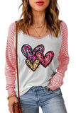 Women's Valentine's Day Leopard Heart Print Top Sheer Striped Sleeve Crew Neck Shirt