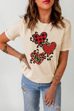 Women's Khaki Heart-shaped Leopard Sequin Print Graphic T Shirt