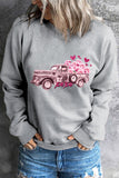 Women's Pink Car and Flowers Print Long Sleeve Top Round Neck Pullover Sweatshirt