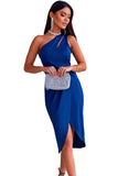 LC6112011-5-S, LC6112011-5-M, LC6112011-5-L, LC6112011-5-XL, Blue Asymmetric Cut out Sleeveless Pleated Midi Dress with Slit