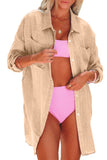 LC421623-18-S, LC421623-18-M, LC421623-18-L, LC421623-18-XL, Apricot Lightweight Shirt Style Beach Cover Up