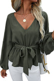 LC25119745-9-S, LC25119745-9-M, LC25119745-9-L, LC25119745-9-XL, Green V Neck Bubble Sleeve Belted Peplum Blouse