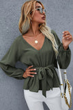 LC25119745-9-S, LC25119745-9-M, LC25119745-9-L, LC25119745-9-XL, Green V Neck Bubble Sleeve Belted Peplum Blouse