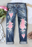 Women's Pink Heart Shape Print Ripped Low Rise Jeans