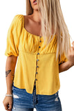 Women's Square Neck Short Puff Sleeve Blouse Ruched Button Down Shirt