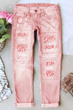 Women's Pink Low Rise Leopard Shift Casual Ripped Jeans