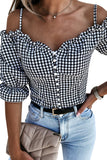 LC25119879-2-S, LC25119879-2-M, LC25119879-2-L, LC25119879-2-XL, Black Sweetheart Gingham Button Down Cold Shoulder Blouse