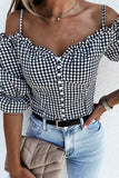 LC25119879-2-S, LC25119879-2-M, LC25119879-2-L, LC25119879-2-XL, Black Sweetheart Gingham Button Down Cold Shoulder Blouse