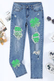 Women's Sky Blue Mid Rise Jeans Shamrock Clover Leaf Ripped Straight Pants