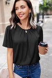LC25119982-2-S, LC25119982-2-M, LC25119982-2-L, LC25119982-2-XL, Black Solid Pleated Keyhole Short Sleeve T Shirt
