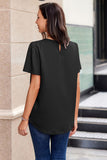 LC25119982-2-S, LC25119982-2-M, LC25119982-2-L, LC25119982-2-XL, Black Solid Pleated Keyhole Short Sleeve T Shirt