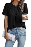 Women's Black Pleated Blouse Keyhole Short Sleeve T Shirt