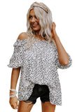 Women's Leopard Print Frill Off Shoulder Bardot Blouse Puff Sleeve Loose Fit Blouse