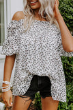 LC25119992-20-S, LC25119992-20-M, LC25119992-20-L, LC25119992-20-XL, Leopard Frill Off Shoulder Puff Sleeve Blouse