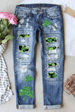 Women's Blue Low Rise Jeans Clover Leaf Rolled Cuff  Ripped Jeans