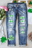 Women's Sky Blue Ripped Holes Fringe Cuff Jeans Lucky Green Plaid Print Jeans