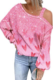 Women's Pink Heart Print Sweatshirt Cold Shoulder Puff Sleeves Casual Tops
