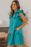LC6113284-9-S, LC6113284-9-M, LC6113284-9-L, LC6113284-9-XL, Green Tiered Ruffled Sleeves Mini Dress with Pockets