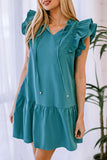 LC6113284-9-S, LC6113284-9-M, LC6113284-9-L, LC6113284-9-XL, Green Tiered Ruffled Sleeves Mini Dress with Pockets