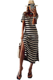 Women Stripe Print V Neck Maxi Dress with Side Splits