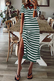 LC6113423-9-S, LC6113423-9-M, LC6113423-9-L, LC6113423-9-XL, Green Stripe Print V Neck Maxi Dress with Side Splits