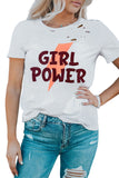 Women's Girl Power Graphic Distressed Tee Crew Neck White Short Sleeve Shirt